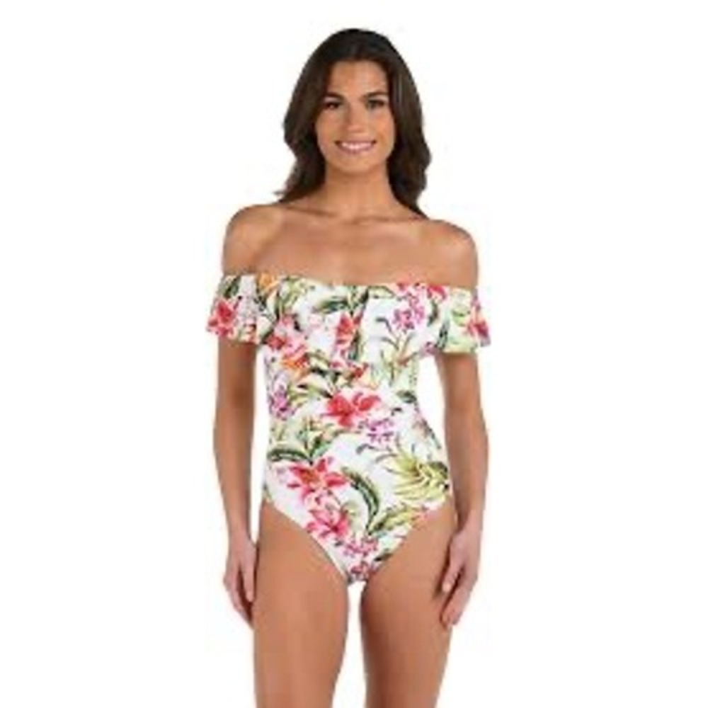 La Blanca‎ Polynesian Paradise Off Shoulder Ruffle Ruched One Piece Swimsuit, 14